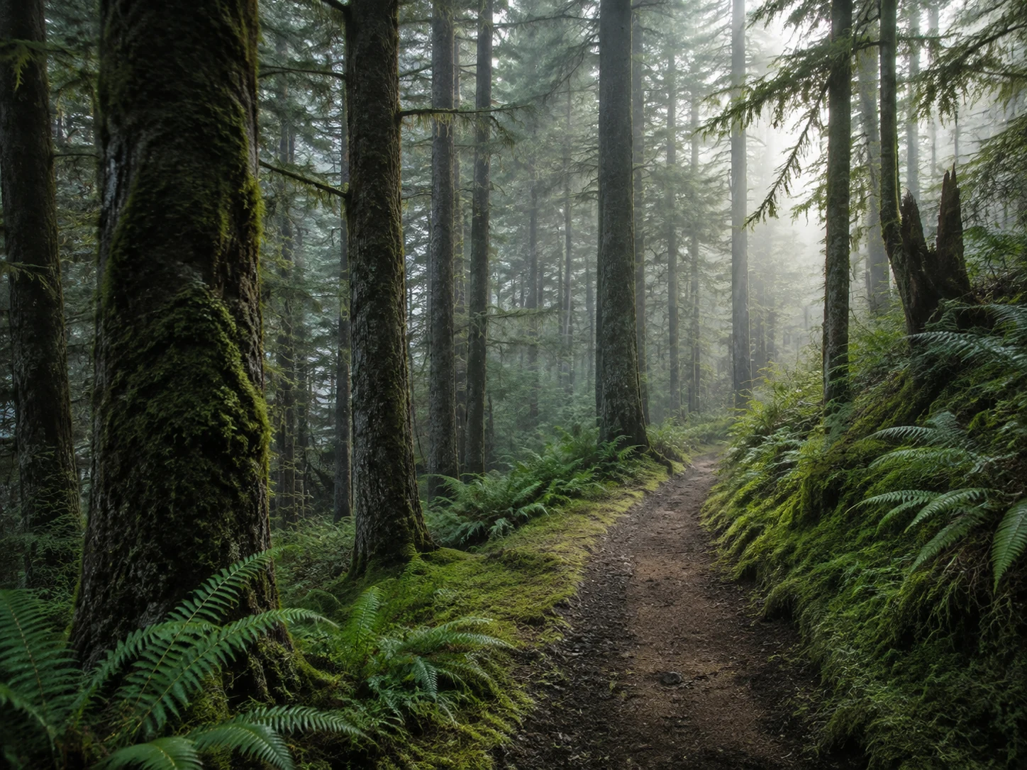 A quiet forest path between ferns and moss