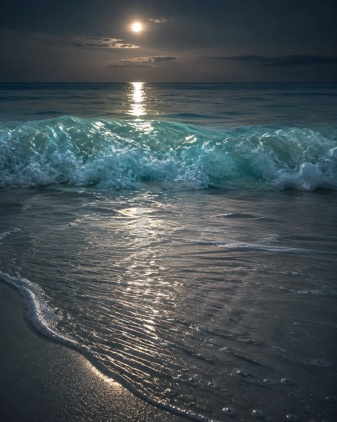 A translucent turquoise wave curling over silver sand