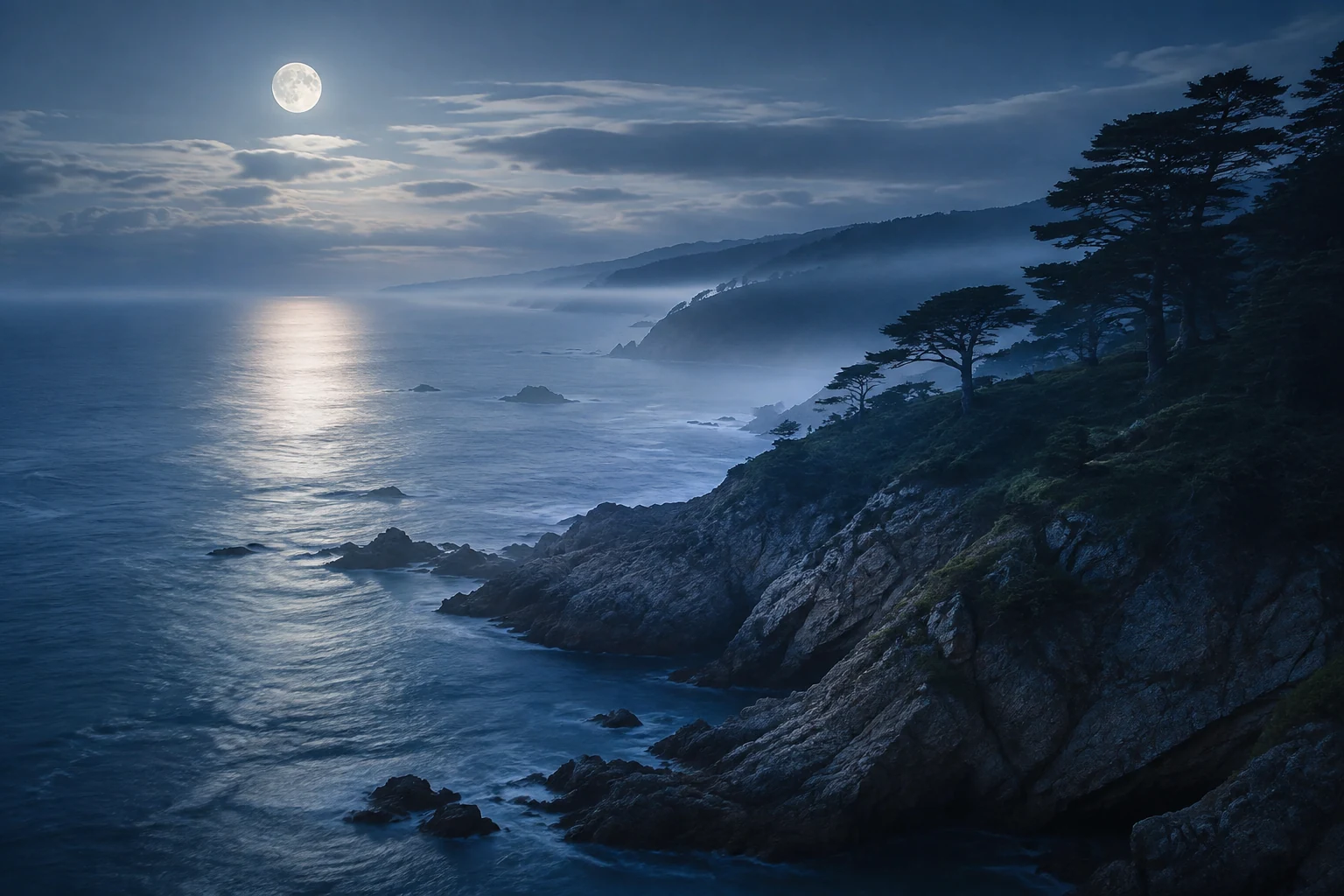 Coastal pines and rocks surrounding a misty moonlit cove